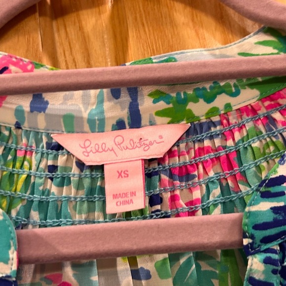 Lilly Pulitzer XS Silk Tunic Top Sailboat Palm Print Long Sleeve Blouse - Picture 8 of 10